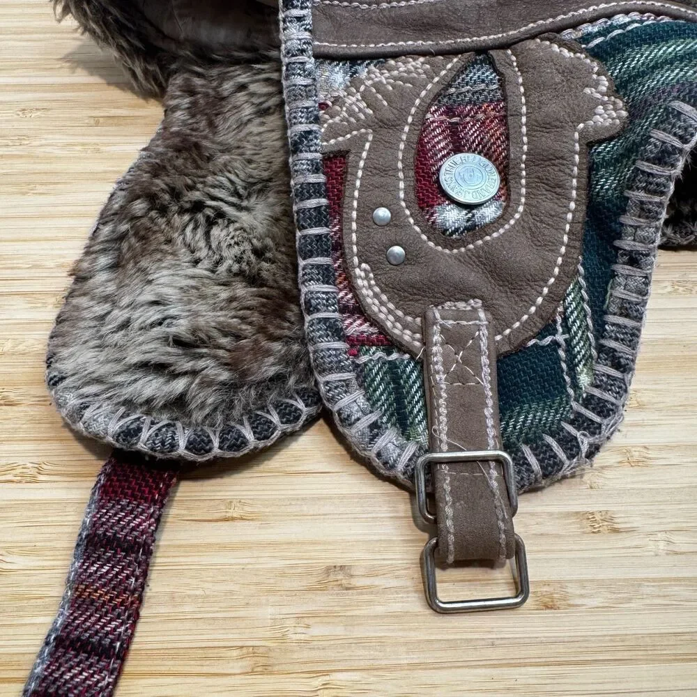 Vintage Y2K True Religion Patchwork Plaid Faux Fur Trapper Aviator Hat OS